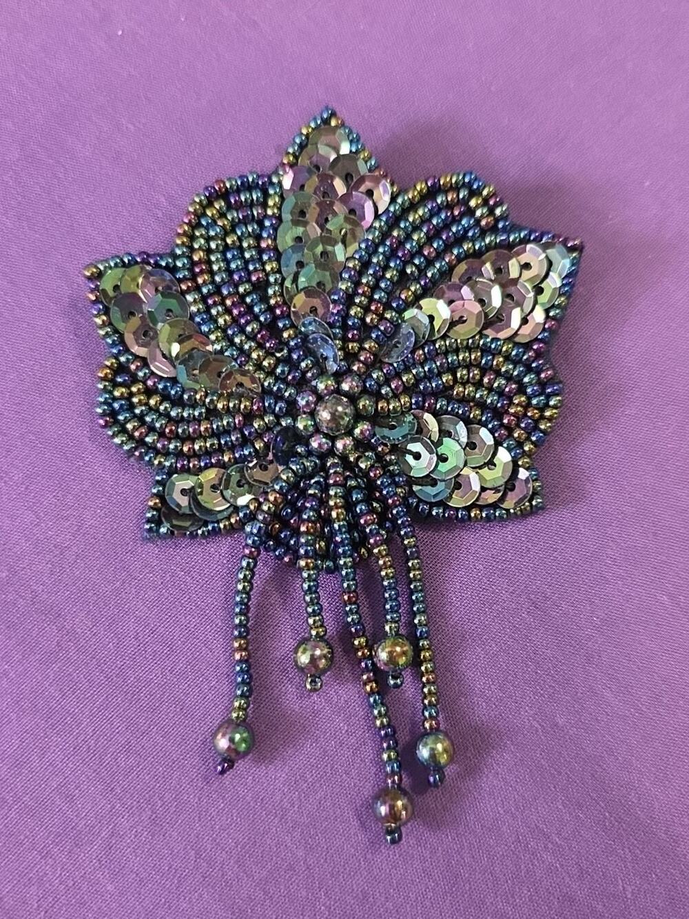 Vintage Peacock Aurora Borealis Colored Seed Bead & Sequin Flower Brooch Pin